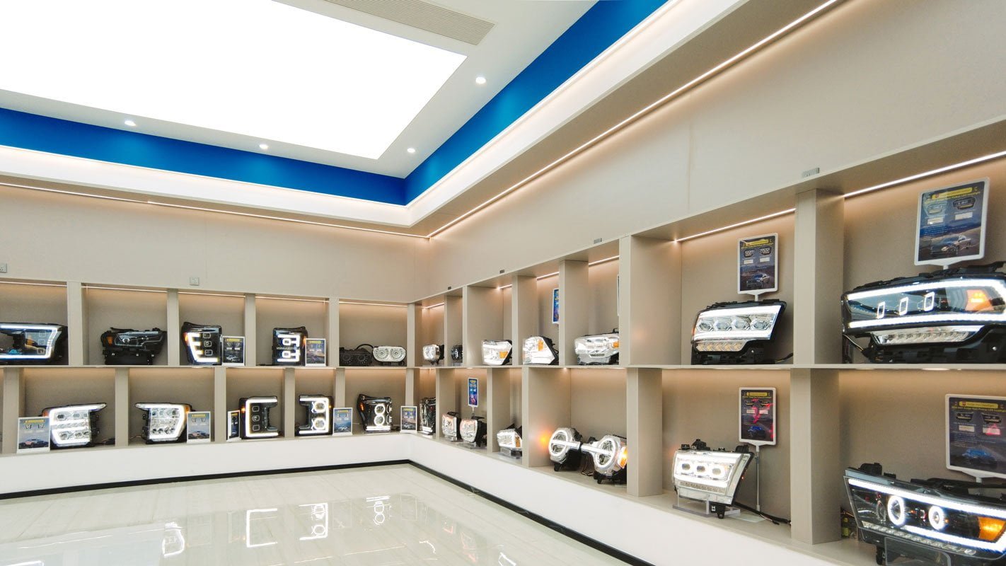 Automotive lighting sample room with truck lighting products