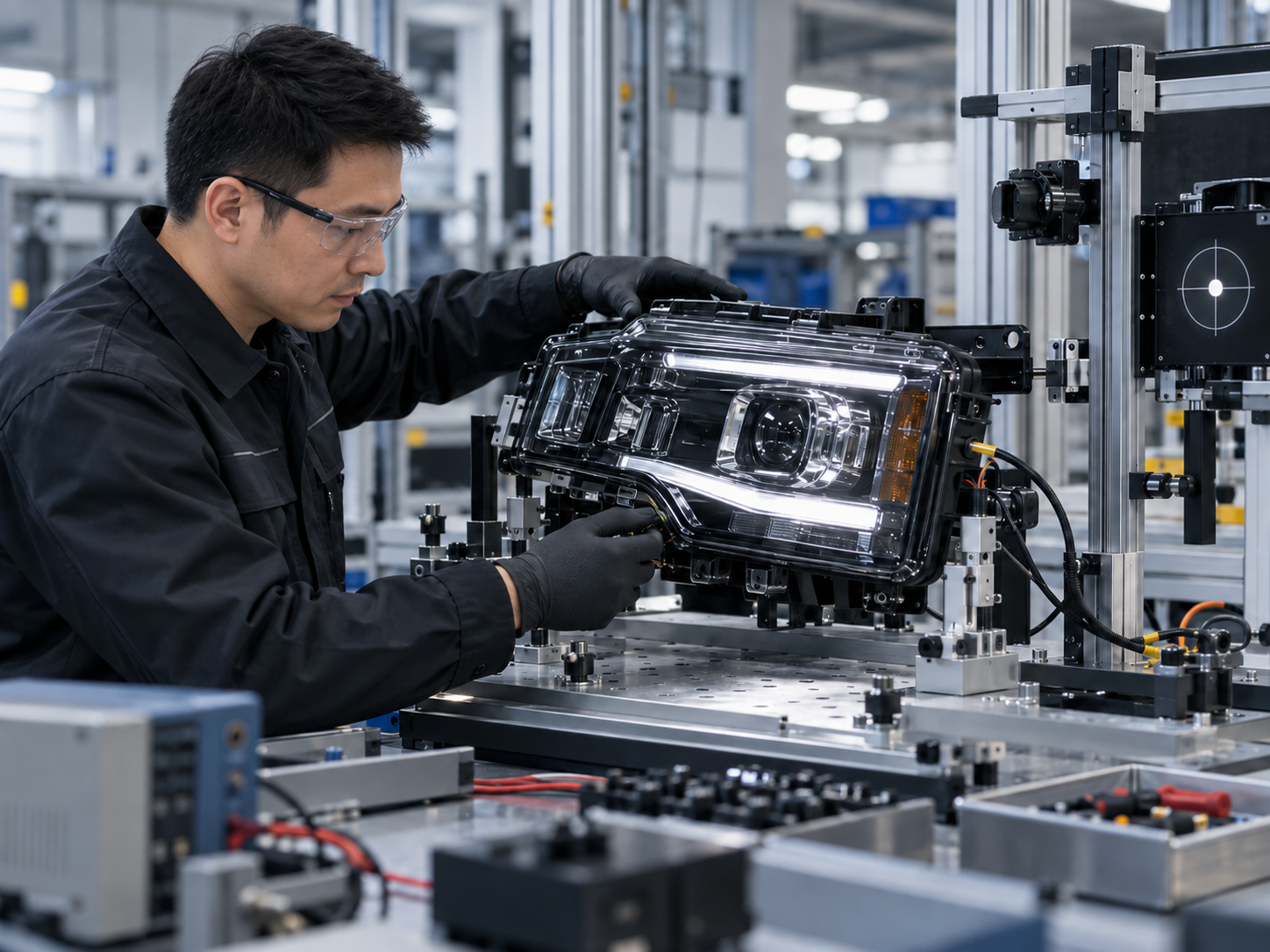 Illustration of a Chinese engineer inspecting a heavy-duty truck LED headlight on a manufacturing test bench