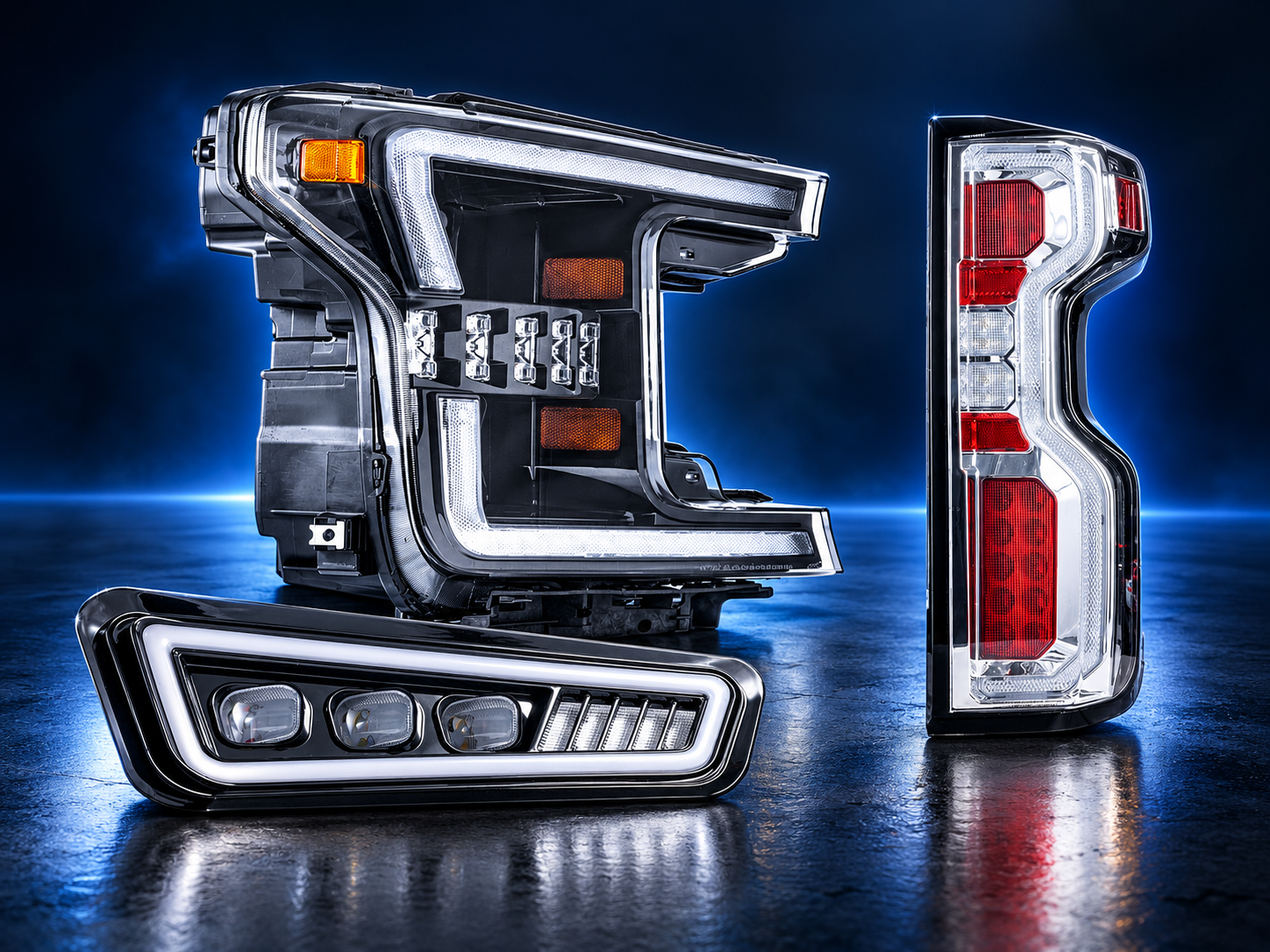 Pickup truck LED headlight, fog light and tail light product range