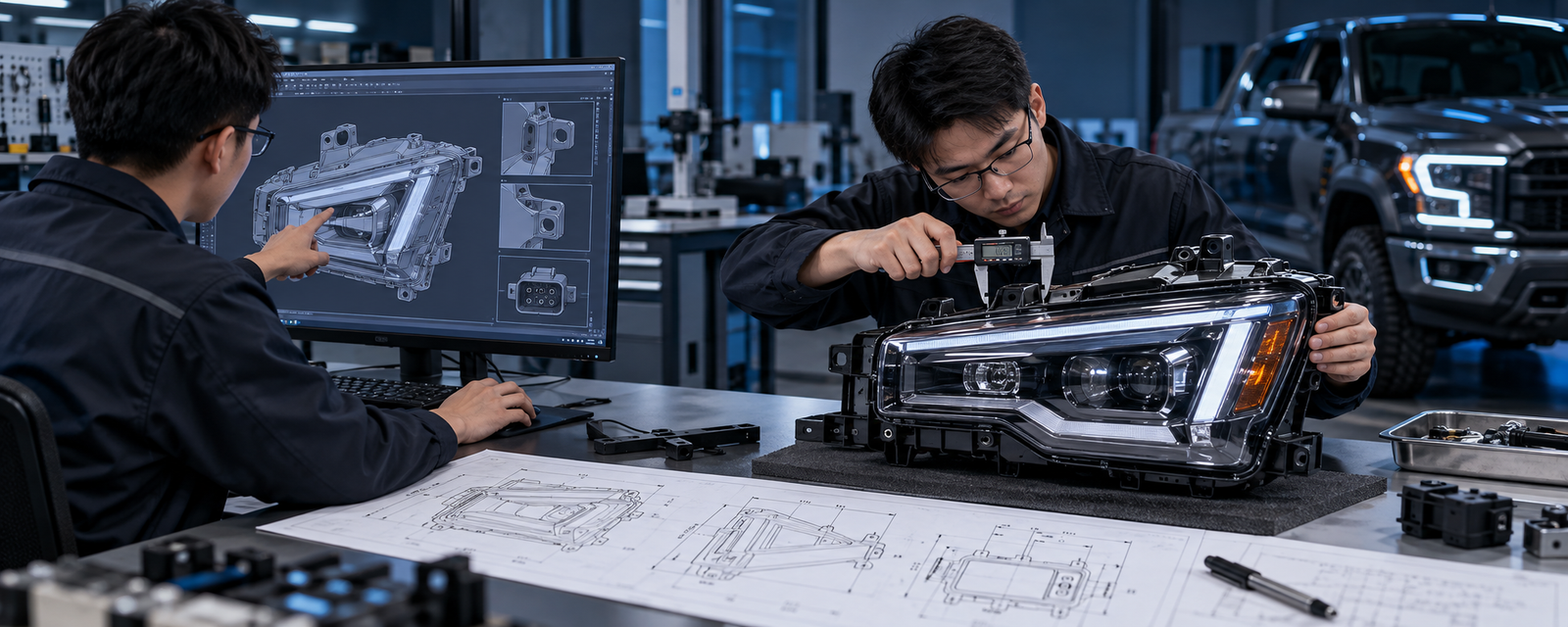 Engineers evaluating pickup truck headlight CAD and dimensions